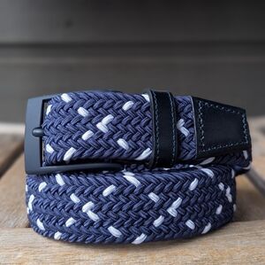 NWOT Johnston & Murphy Woven Stretch Knit Belt Navy Blue / White Size 34
